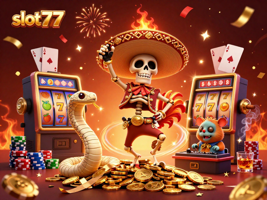 Experience jackpot excitement with slot777 featuring a lively casino scene full of festive characters and slot elements.