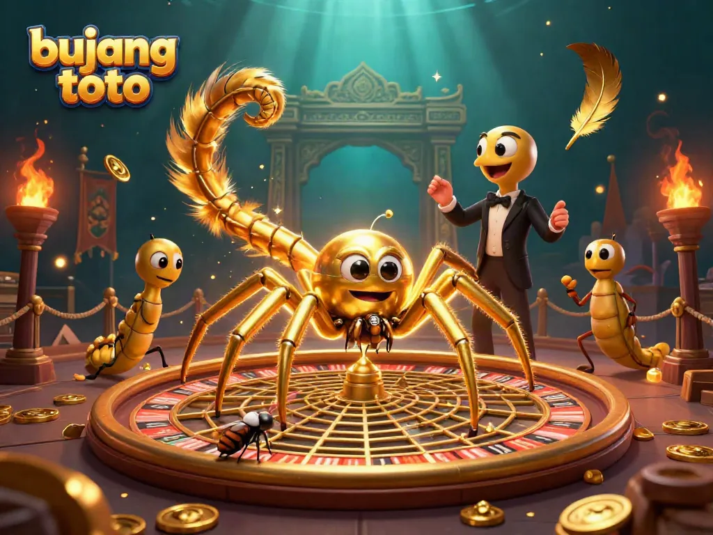 Engage with bujang toto action via a golden spider web roulette scene featuring colorful characters and vibrant casino elements.