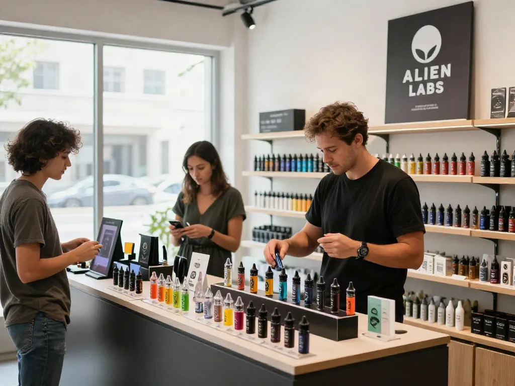 Customers exploring Alien Labs cart products in a modern vape shop
