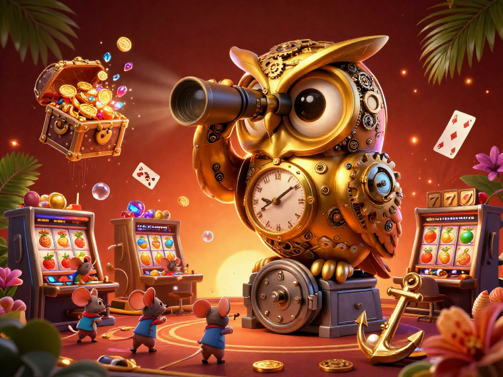 situs slot gacor hari ini scene showcasing a golden owl and wind-up mice with colorful slot machines