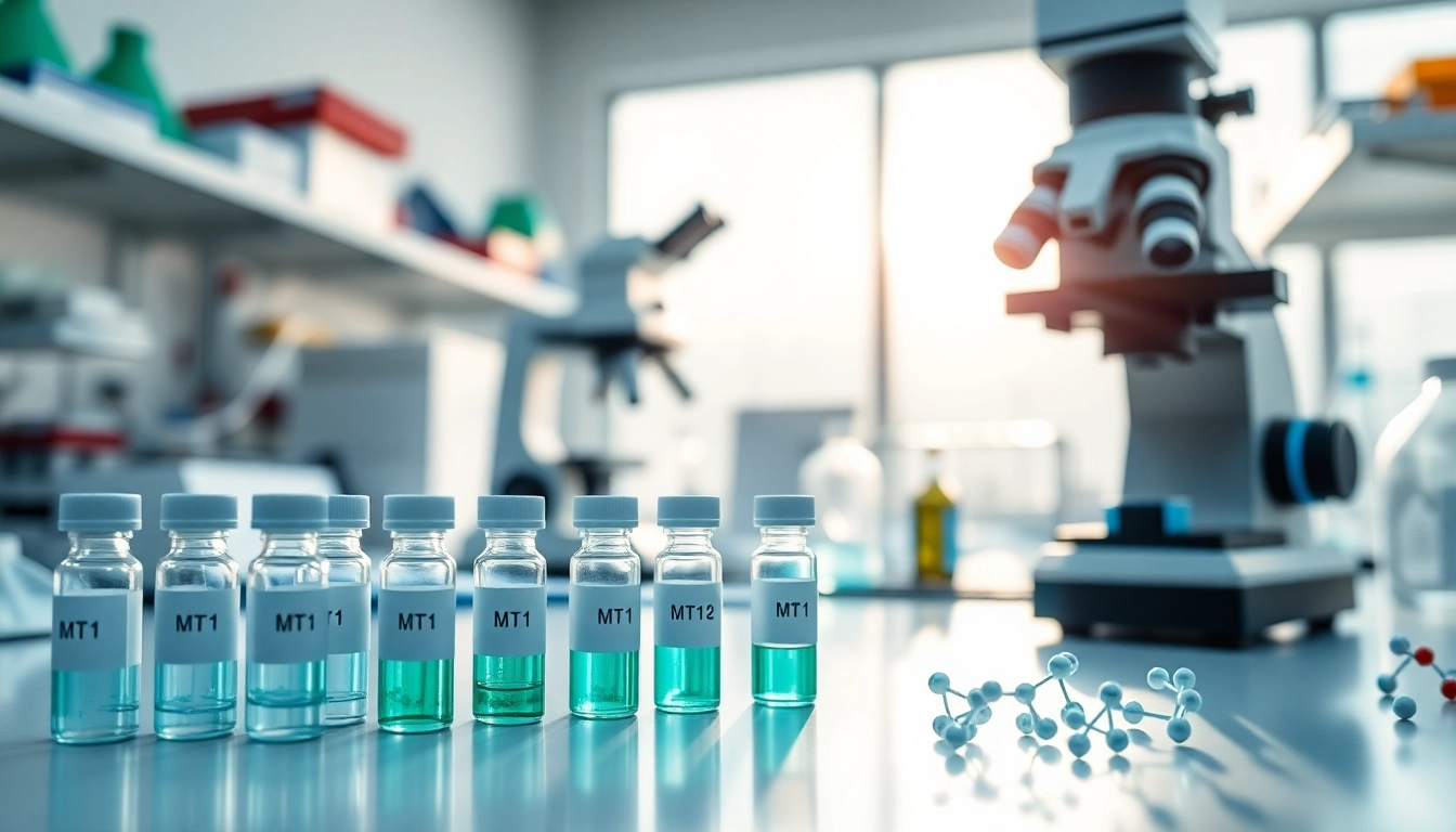 Analyzing mt1 peptide in a bright laboratory with scientific equipment and research notes.