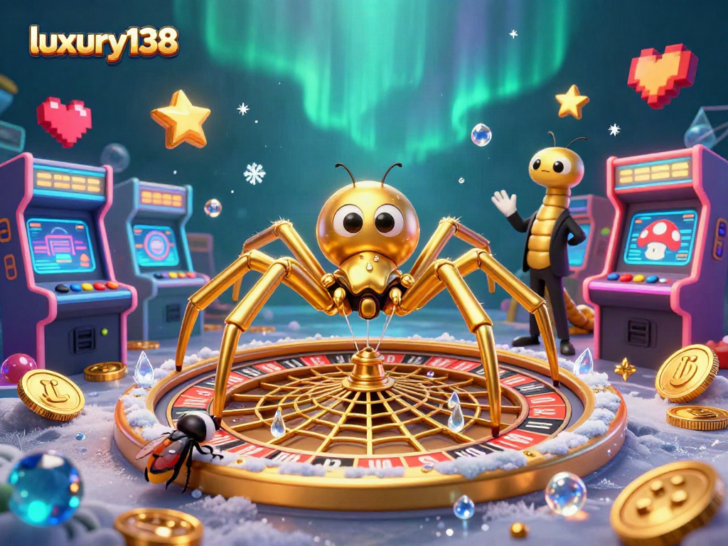 luxury138 meraih kemenangan dengan simbol slot dan taruhan yang berkilauan dalam ilustrasi 3D yang menarik.