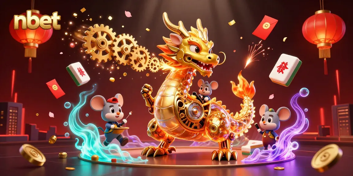 nbets dynamic gaming scene where a golden dragon breathes gears and cogs amidst festive elements.