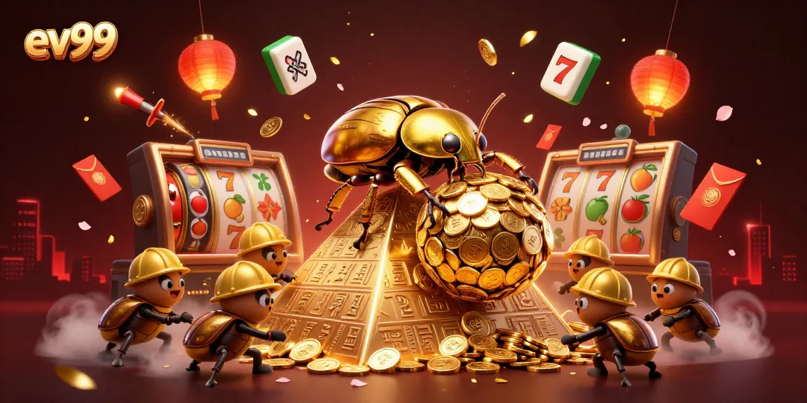 Bring fortune to your gameplay with ev99 featuring a golden beetle and casino symbols.