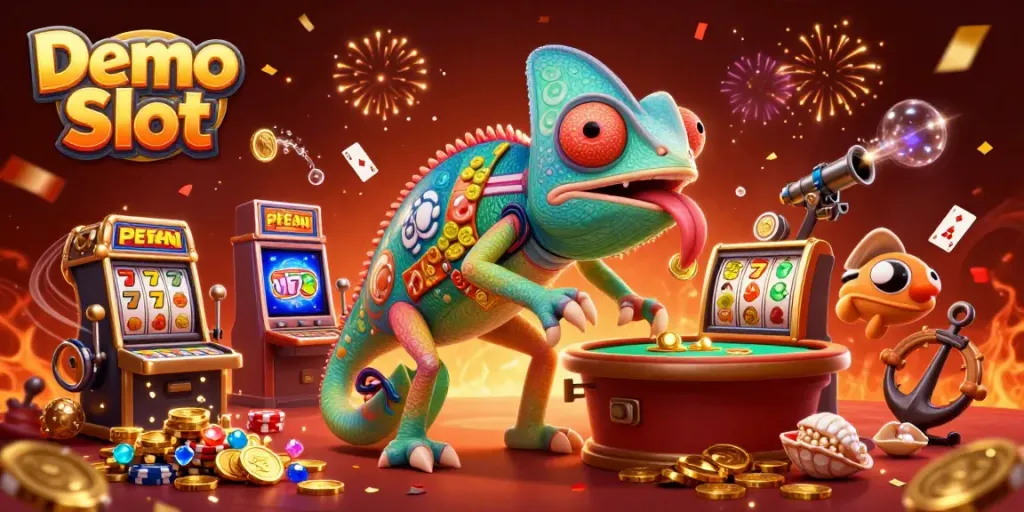 Play the exciting Demo Slot with a vibrant 3D chameleon casino owner amidst dynamic gaming elements.