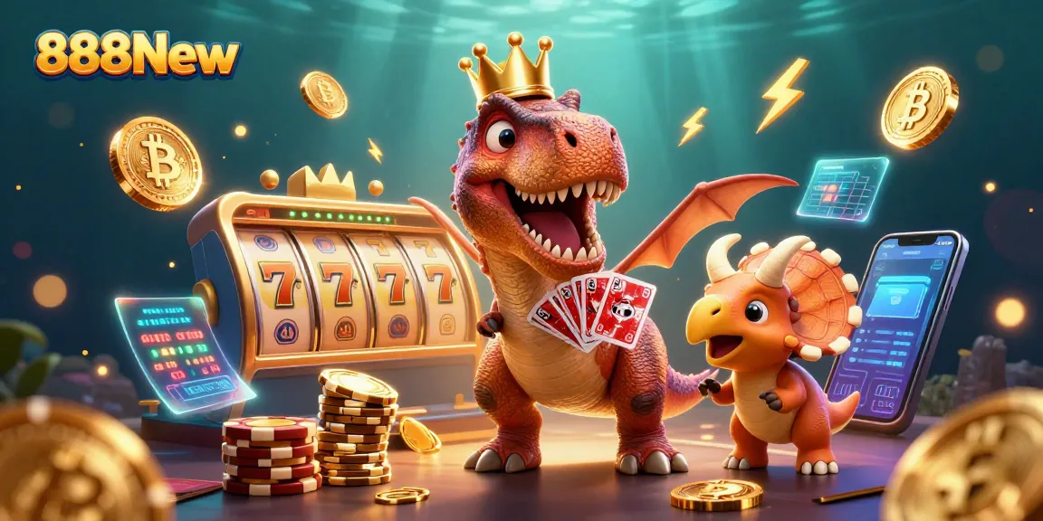 Experience exciting wins at 888New with our vibrant casino illustration of friendly dinosaurs enjoying a game.