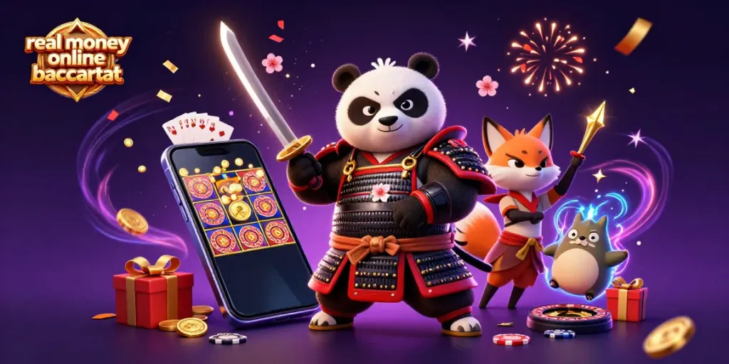 Experience real money online baccarat with a fierce samurai panda, ninja fox, and tanuki in a vibrant casino scene.