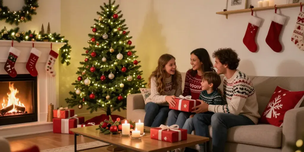 Pre-lit pencil slim Christmas tree with family celebrating the holidays in a cozy living room.