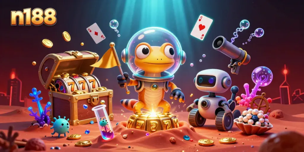 Experience the excitement of n188's vibrant casino scene, featuring a playful Martian gecko and golden treasures.