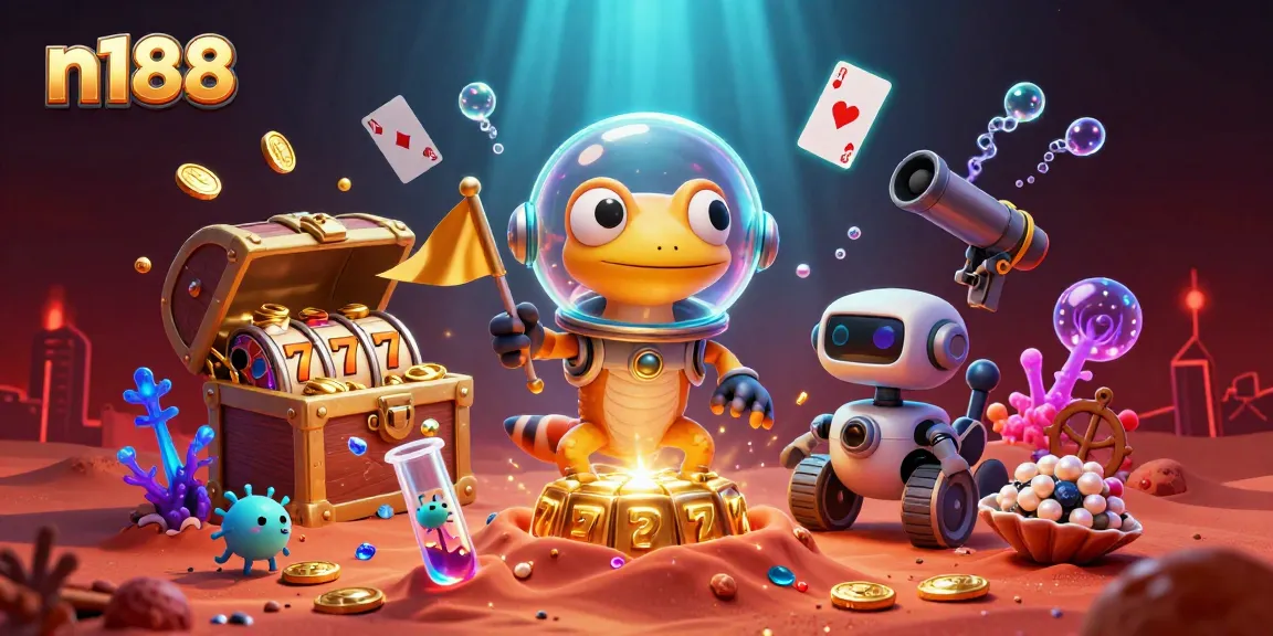 Experience the excitement of n188's vibrant casino scene, featuring a playful Martian gecko and golden treasures.