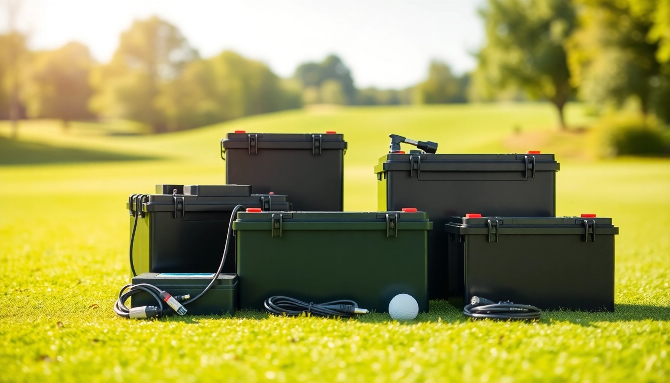 Showcasing lithium golf cart batteries on a golf course, highlighting performance and design.