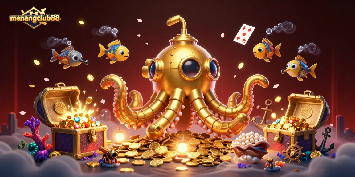 Engage in winning strategies at menangclub88 with a vibrant, 3D cartoon illustration of an underwater casino adventure.