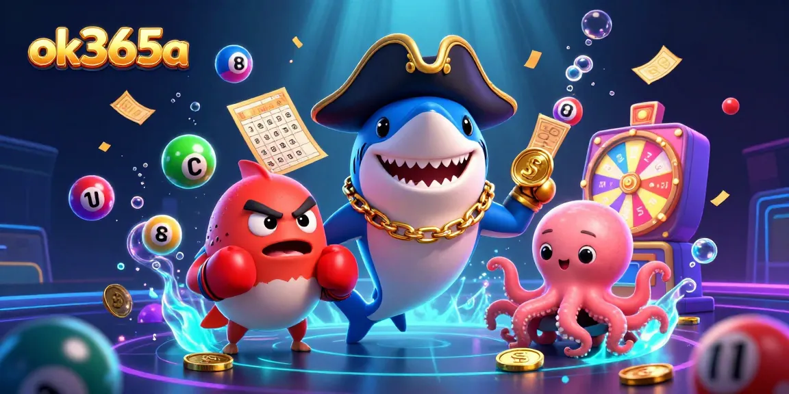 Play and win with ok365a in a vibrant underwater casino scene filled with colorful games and characters.