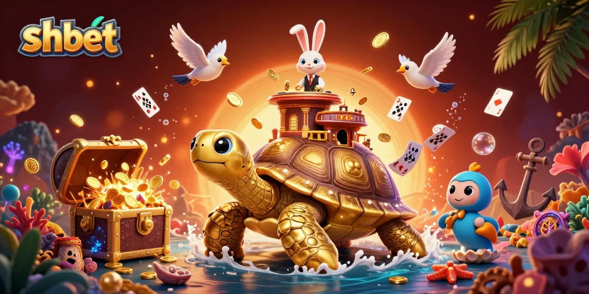 Join the excitement at shbet with a vibrant 3D casino scene featuring a golden tortoise and card games.