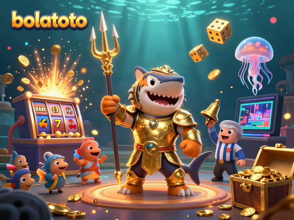 Experience the excitement of bolatoto with a vibrant underwater casino scene, featuring a gladiator shark and a jackpot explosion.