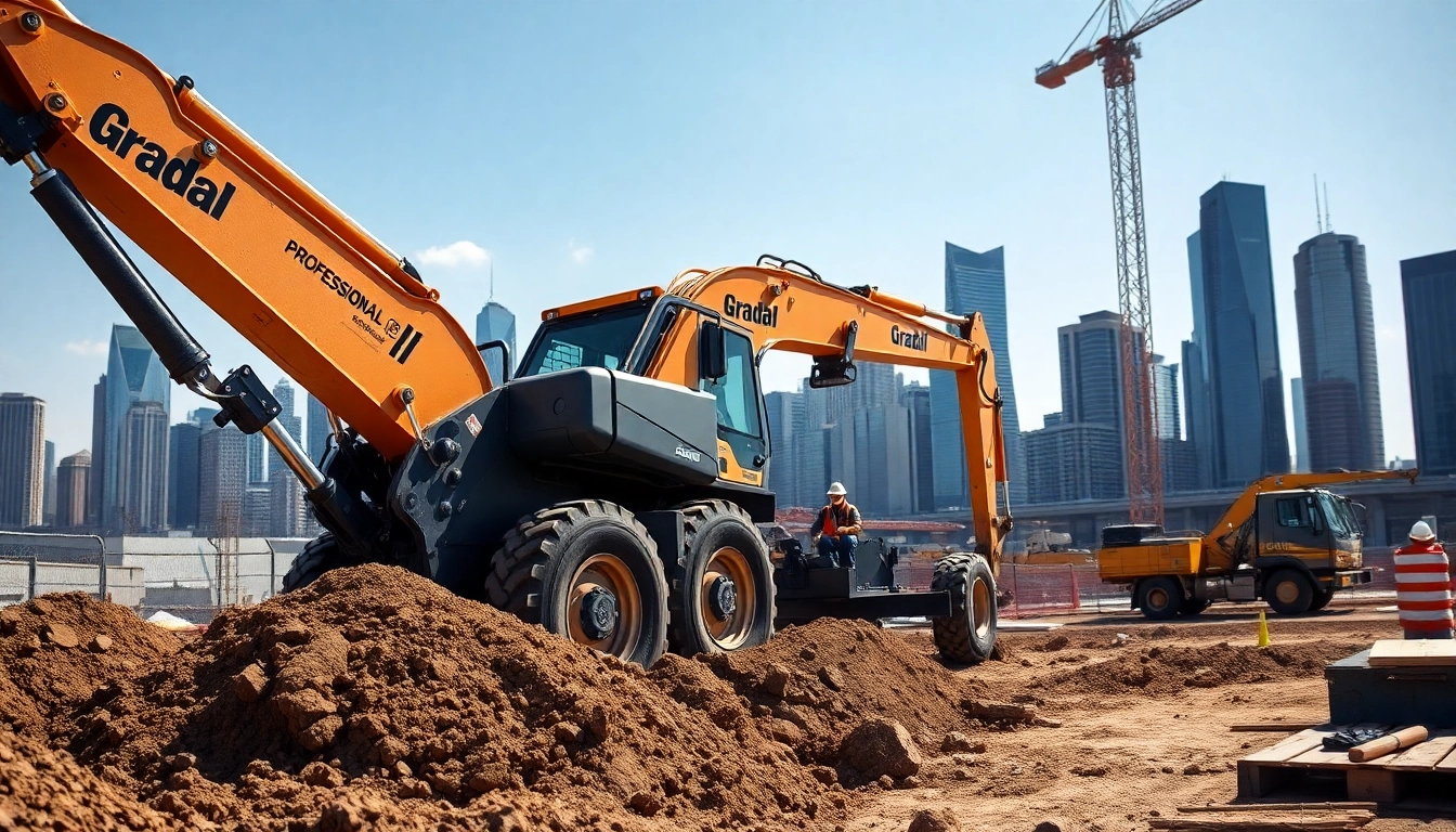 Gradall excavator actively digging in a construction site with city skyline in the background.