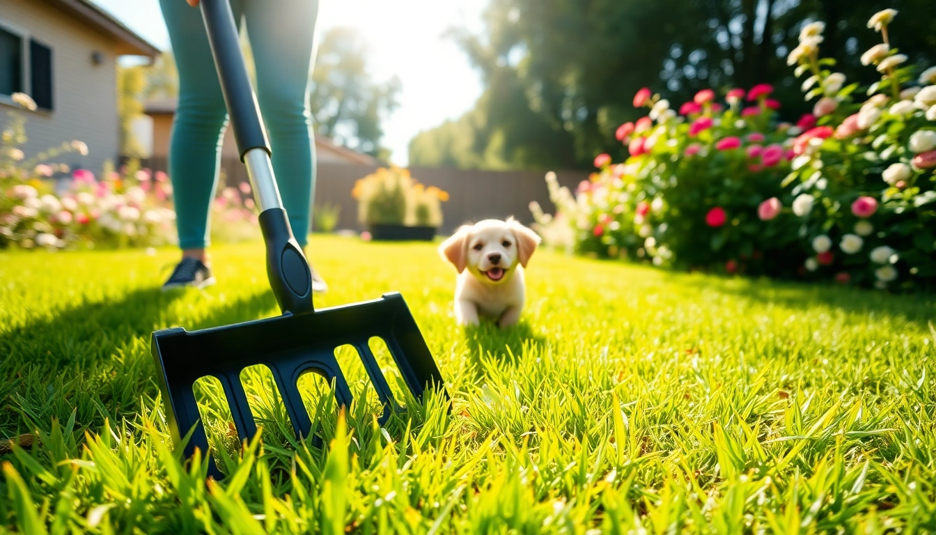 Person using a dog poop scooper in a sunny backyard, showcasing its design and functionality.