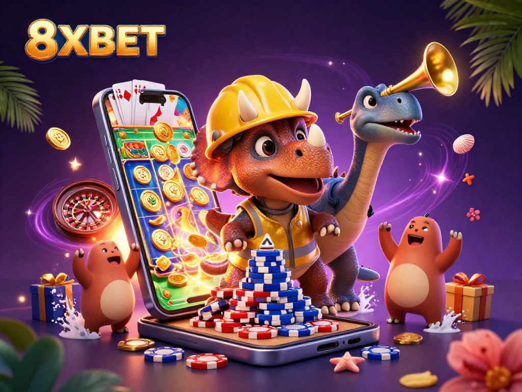 Play and win big with 8XBET in this dynamic casino-themed illustration featuring vibrant gaming elements.