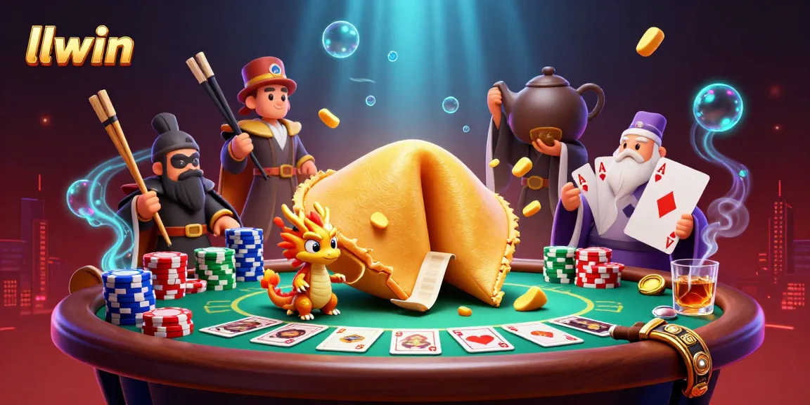 Engage with llwin's thrilling poker scene featuring fortune cookie dragon and gaming elements.