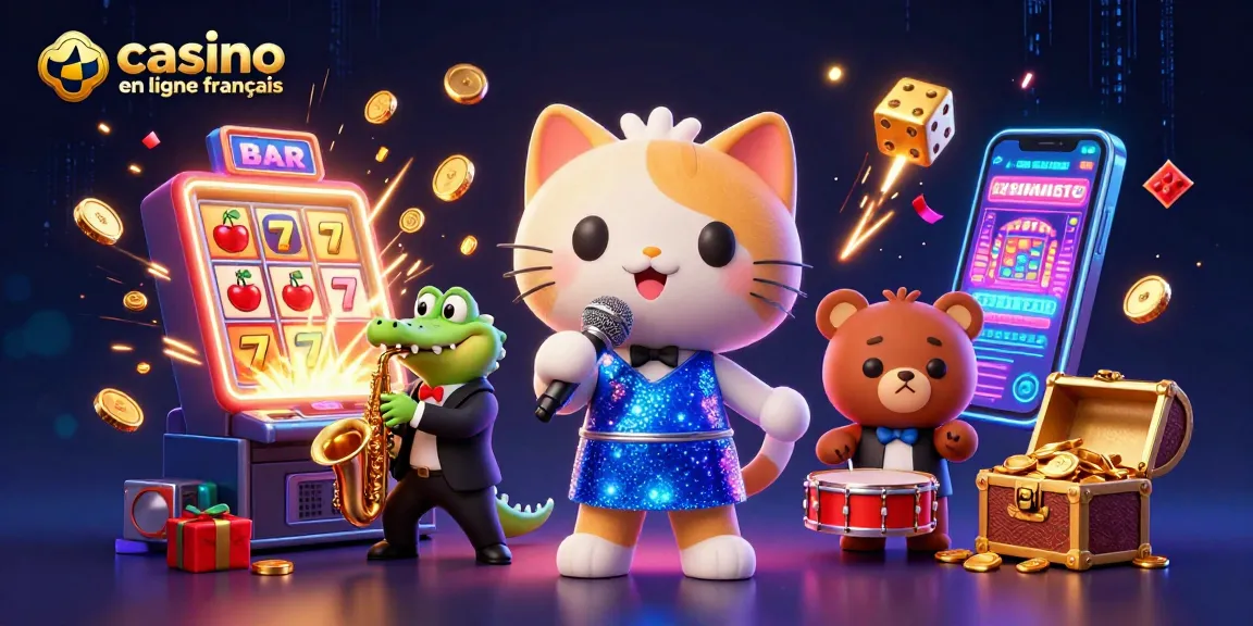 Casino en ligne français : Illustration captivante d'un chat chanteur sur scène entouré de jeux de casino colorés.
