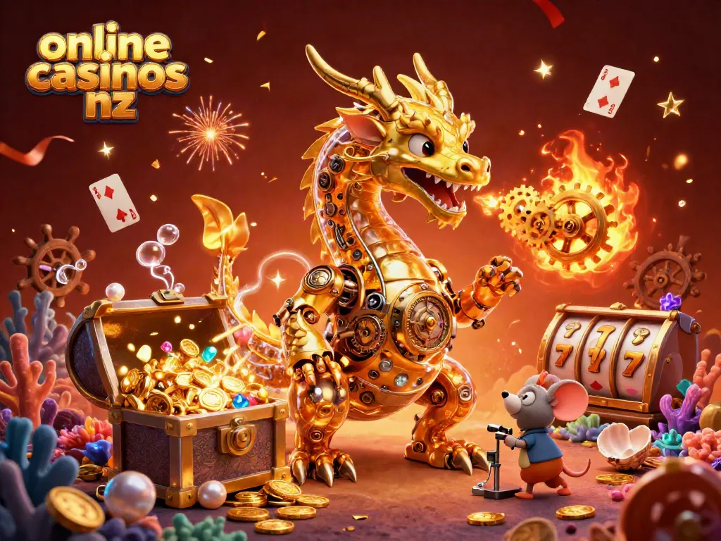 Engage with online casinos nz featuring a golden dragon amidst treasure and festive elements in a vibrant scene.