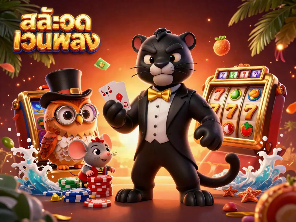 Engage in the thrill of สล็อตเว็บตรง with a stylish panther dealer, an owl with poker chips, and a lucky mouse.