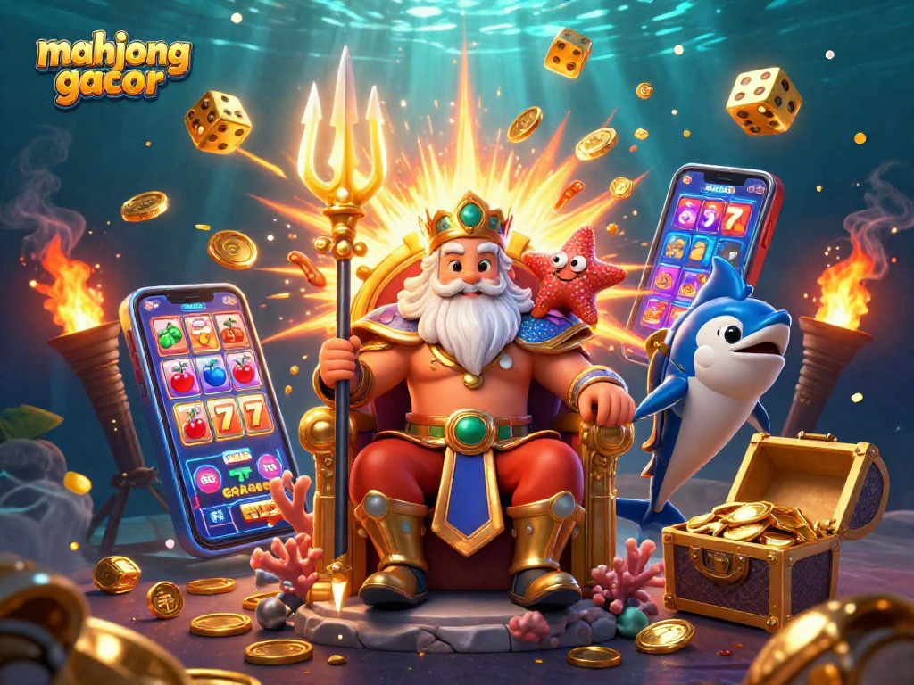 Experience mahjong gacor with vibrant slot and casino elements in a dynamic underwater illustration.