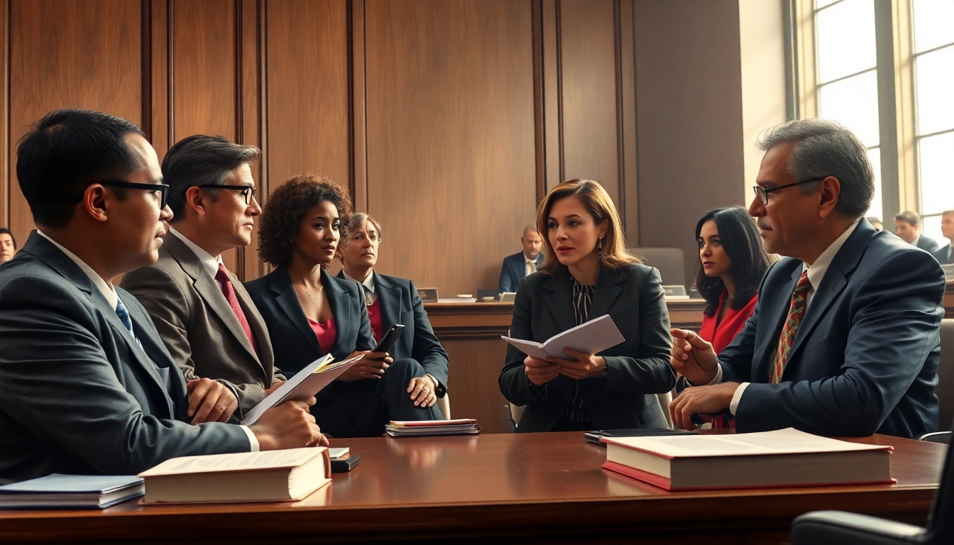 PFAS lawsuit attorneys collaborating in a courtroom setting to discuss case strategies.