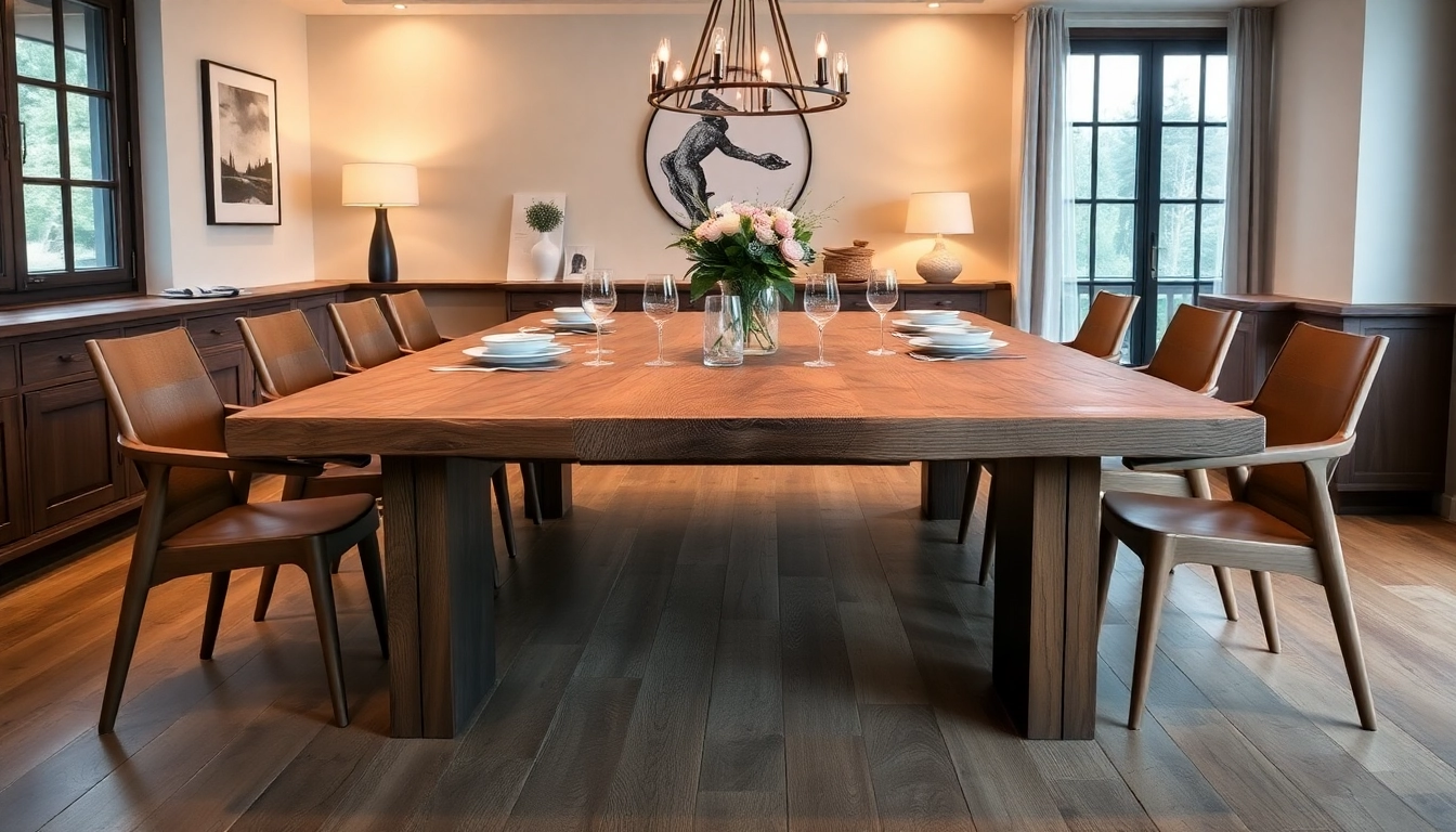 Experience the beauty of a Massiver Eiche Esstisch surrounded by modern chairs and a cozy dining atmosphere.