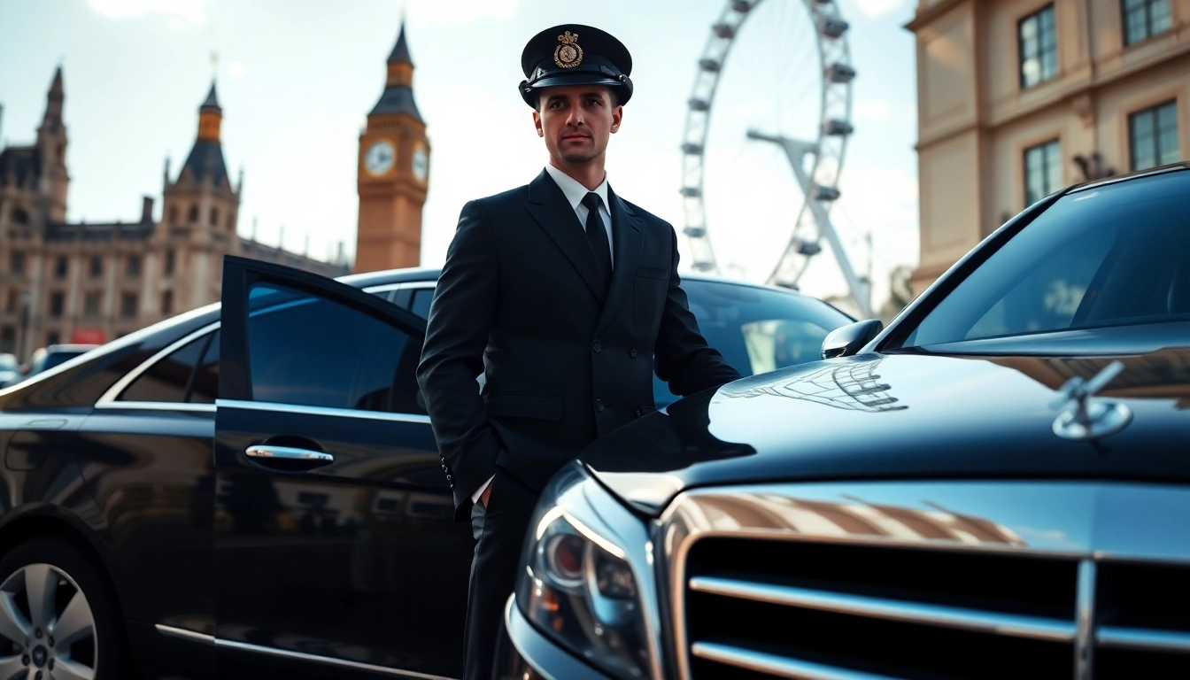 London chauffeur standing proudly next to a luxury vehicle in the heart of London.