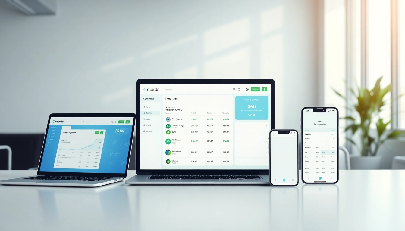 Showcase of guarda wallet across multiple devices in a modern office, highlighting its features.