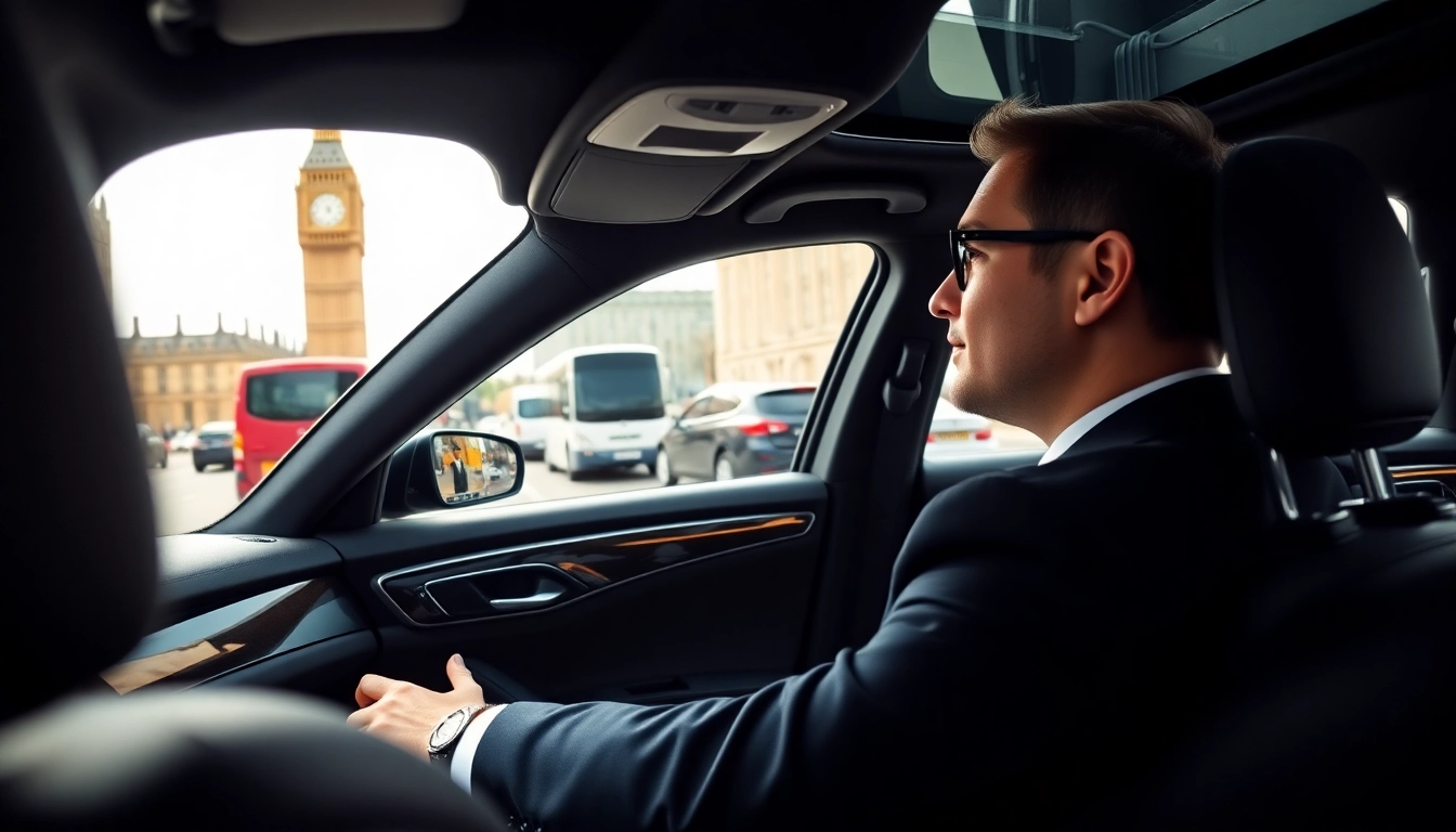 Experience high-end chauffeur service london with a professional driver in a luxury car amidst London landmarks.