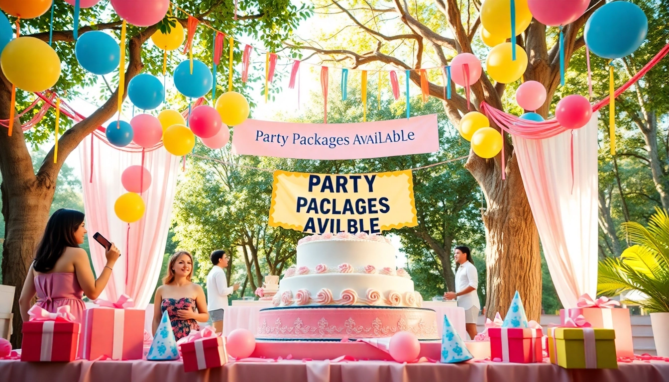 Exciting party packages showcased in a lively outdoor setting with colorfully decorated elements.