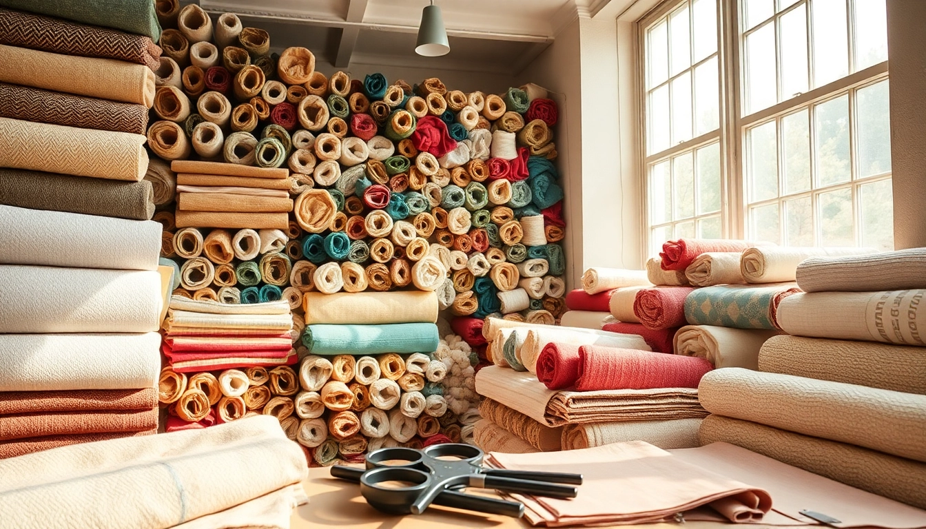 Katoen stofpresentatie met een breed scala aan texturen en kleuren in winkelomgeving.
