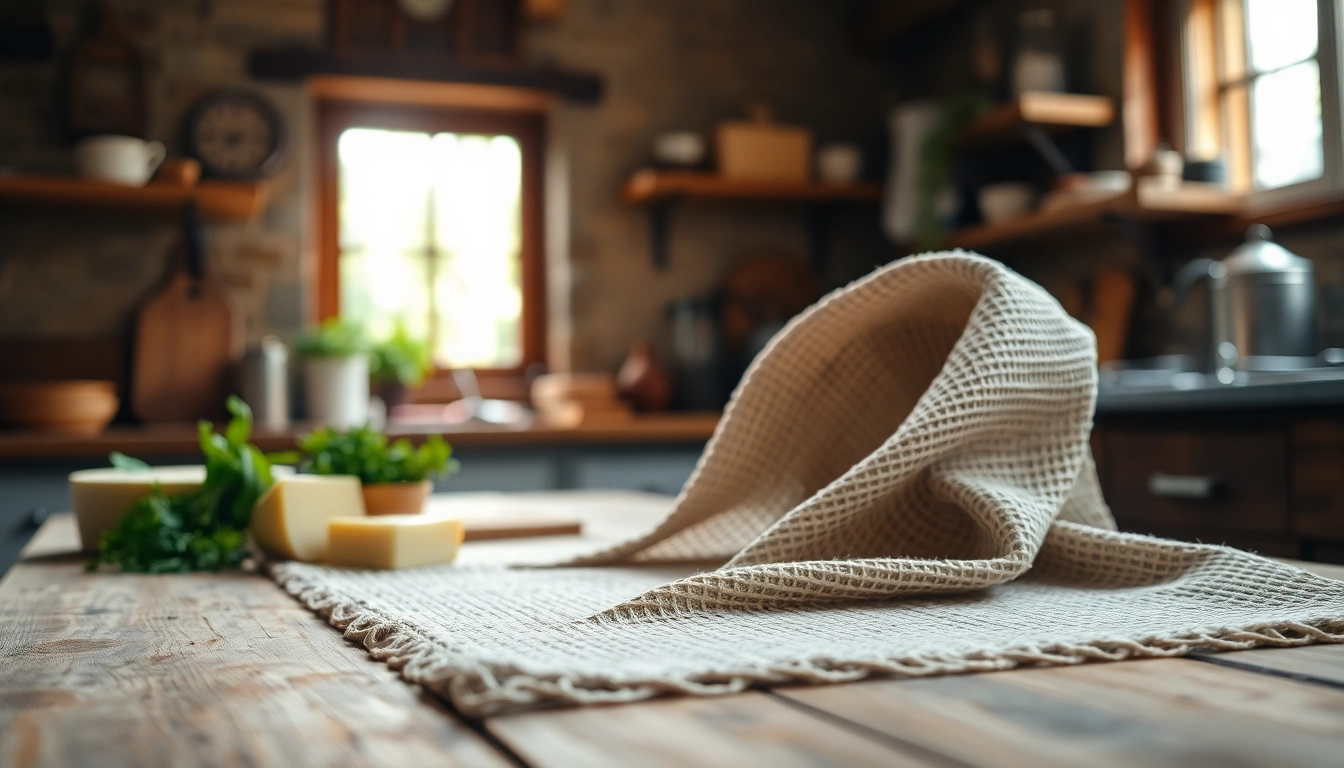 Kaasdoek in een rustieke keuken, perfect voor kaasproductie en decoratie.