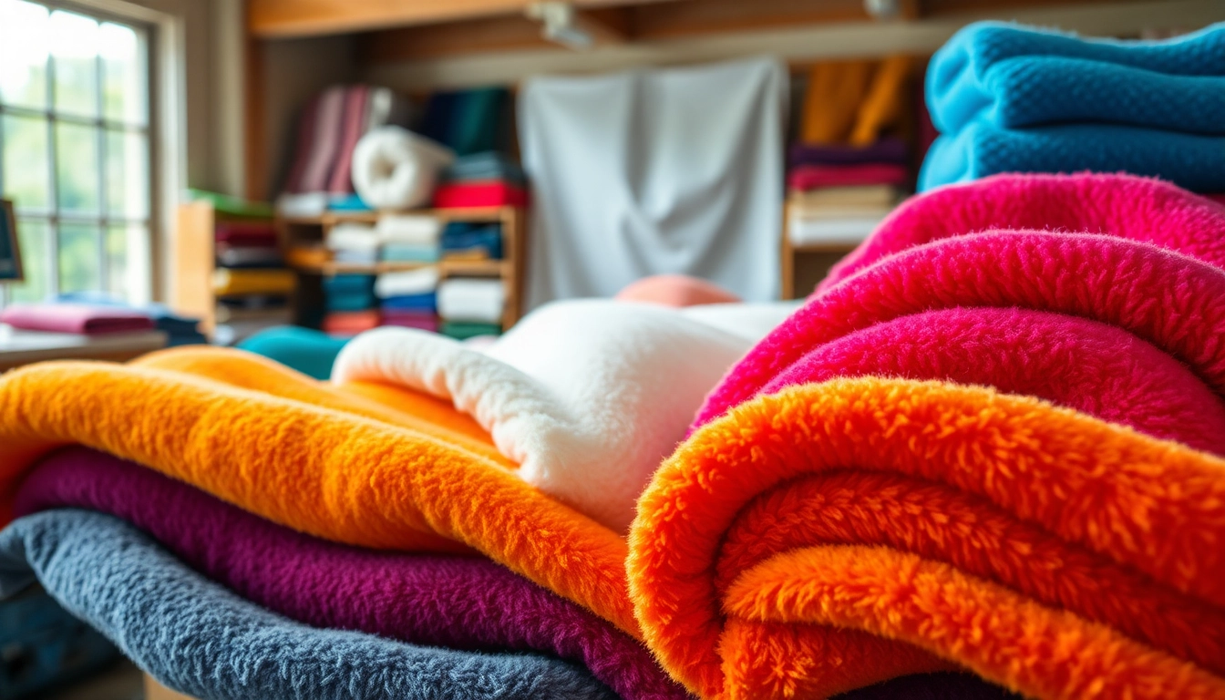 Bekijk fleece stoffenstalen met diverse texturen en kleuren in een creatieve omgeving.