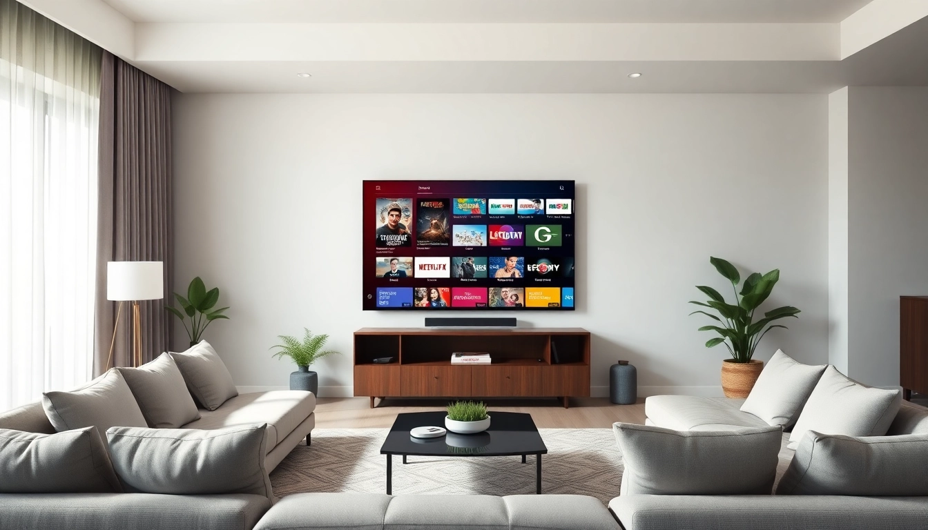 Découvrez des iptv abonnements dans un salon moderne avec un grand écran plat.
