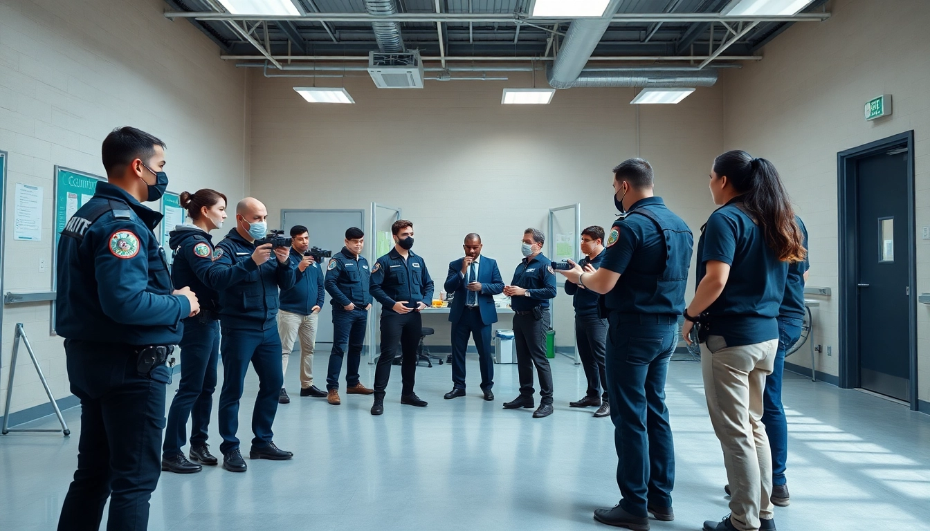 Engaging security guard training session demonstrating practical skills and teamwork in a professional environment.