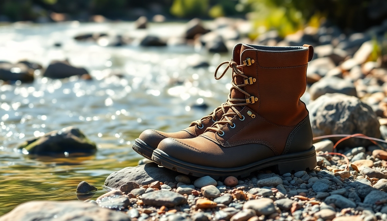 Man wearing Fly fishing boots while navigating through a river, demonstrating grip and durability.
