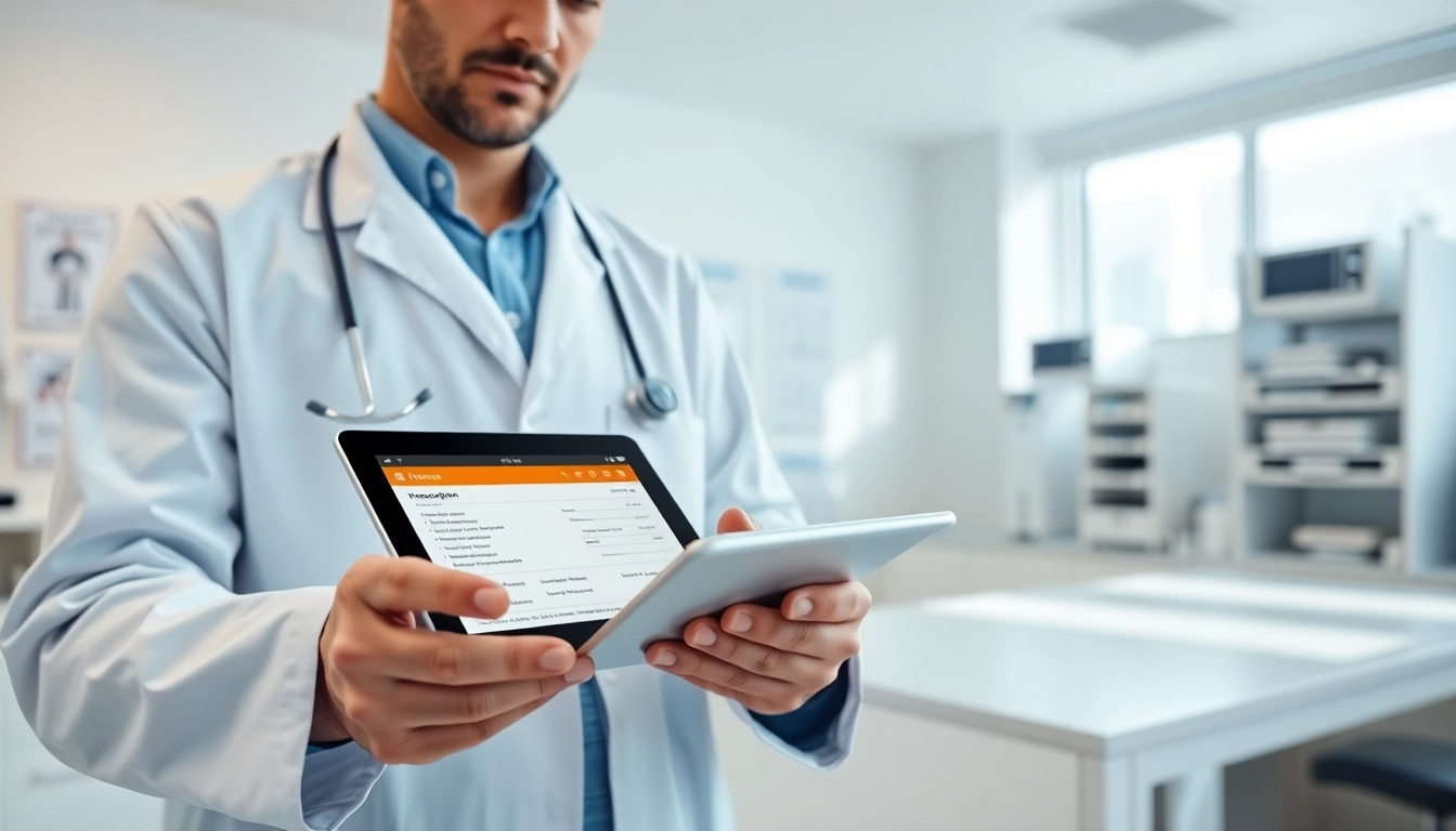 Read eprescription app reviews while a doctor uses a digital prescription system.