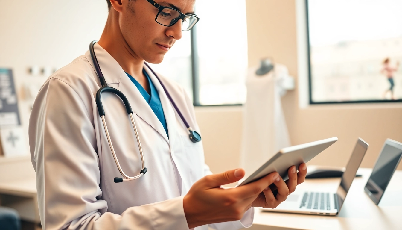 Evaluate different eprescription app reviews while a healthcare professional uses a digital device.