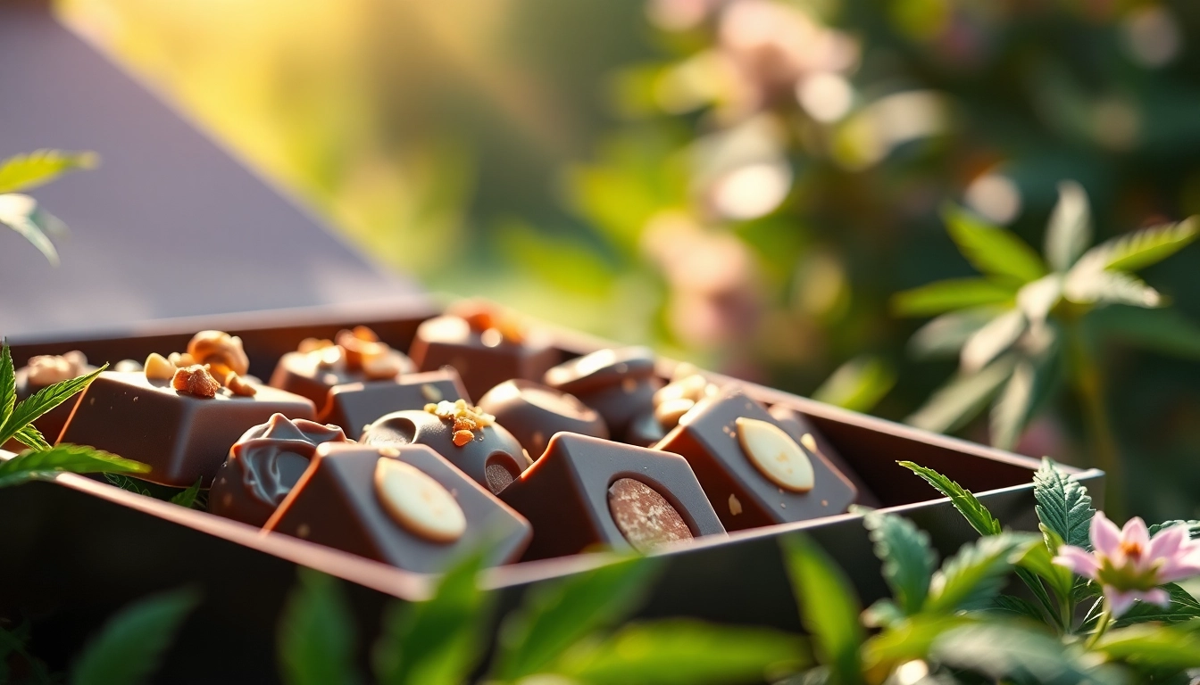 Indulge in rich chocolate edibles 1000mg presented elegantly in a lush garden setting.