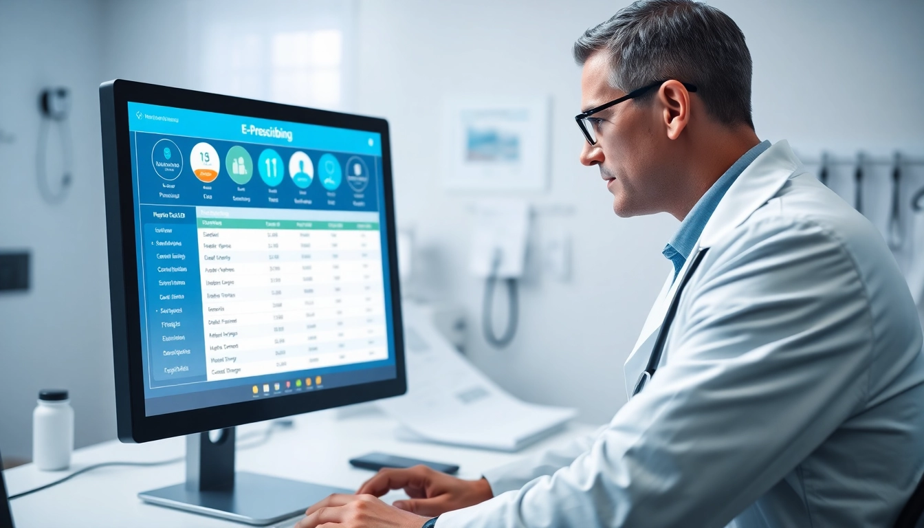 Highlighting features of eprescribing software, doctor analyzes medication data in a modern office setting.