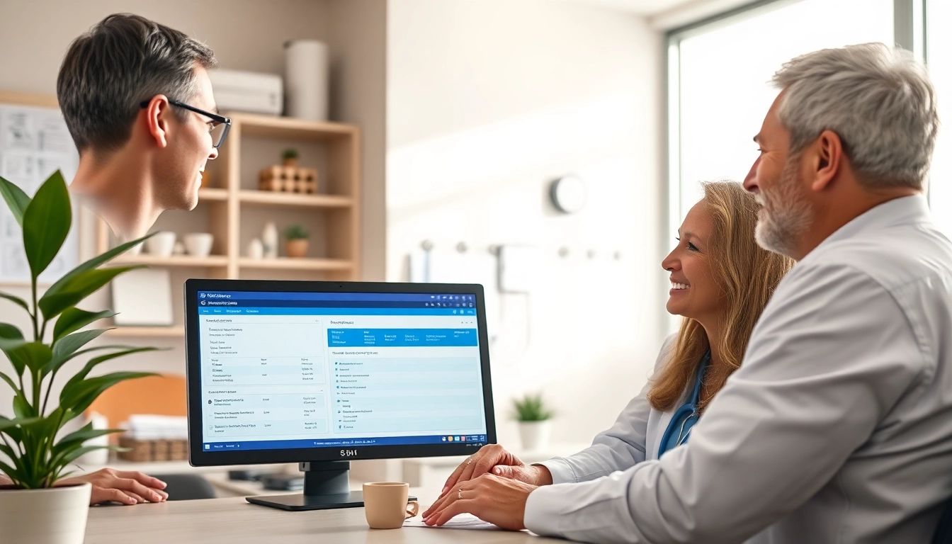 Showcasing features of eprescribing software in a healthcare setting with a physician and patient interaction.